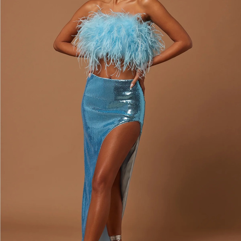 Fashion Nova Feather Sequin Skirt Set